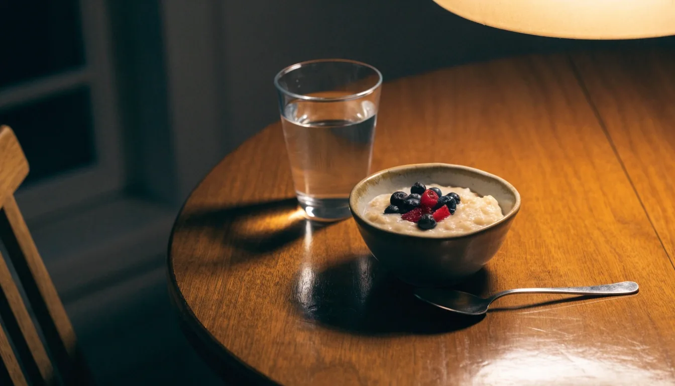 A person holding a warm mug at a kitchen counter in low evening lamplight