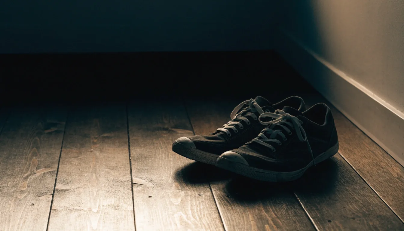 Everyday walking shoes resting on a dark wooden floor beside a wall in low warm evening light