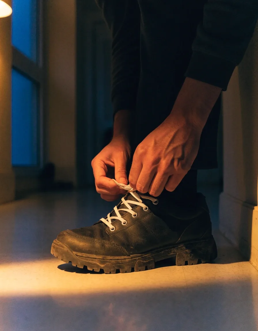 Hands tying the laces of walking shoes in a dim hallway at dusk