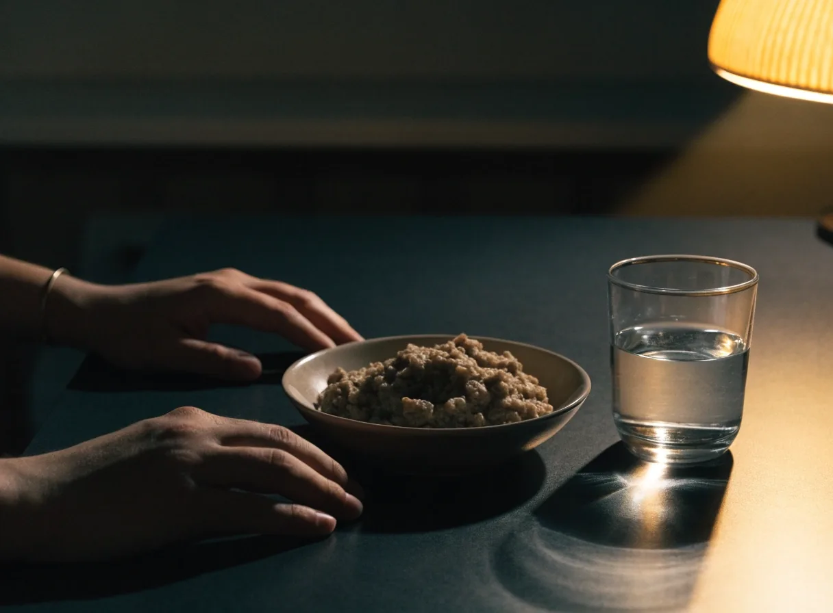 A plain evening table setting with a glass of water lit by a single warm lamp