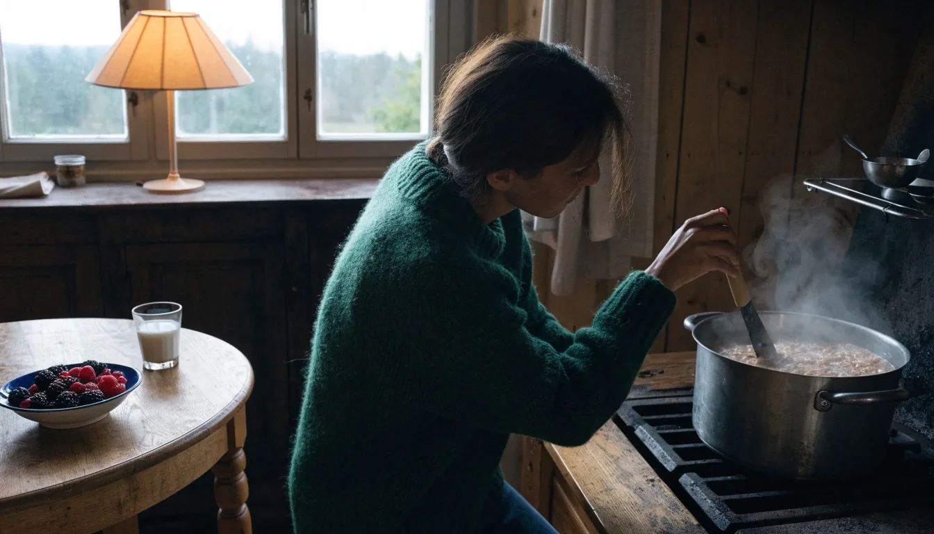 A hand serving cooked whole-grain porridge into a plain bowl beside berries and milk, lit by one warm lamp