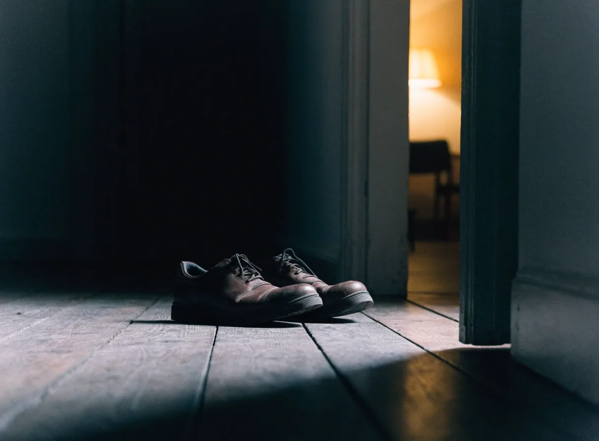 A walking shoe on a wooden floor beside a doorway in low warm evening light