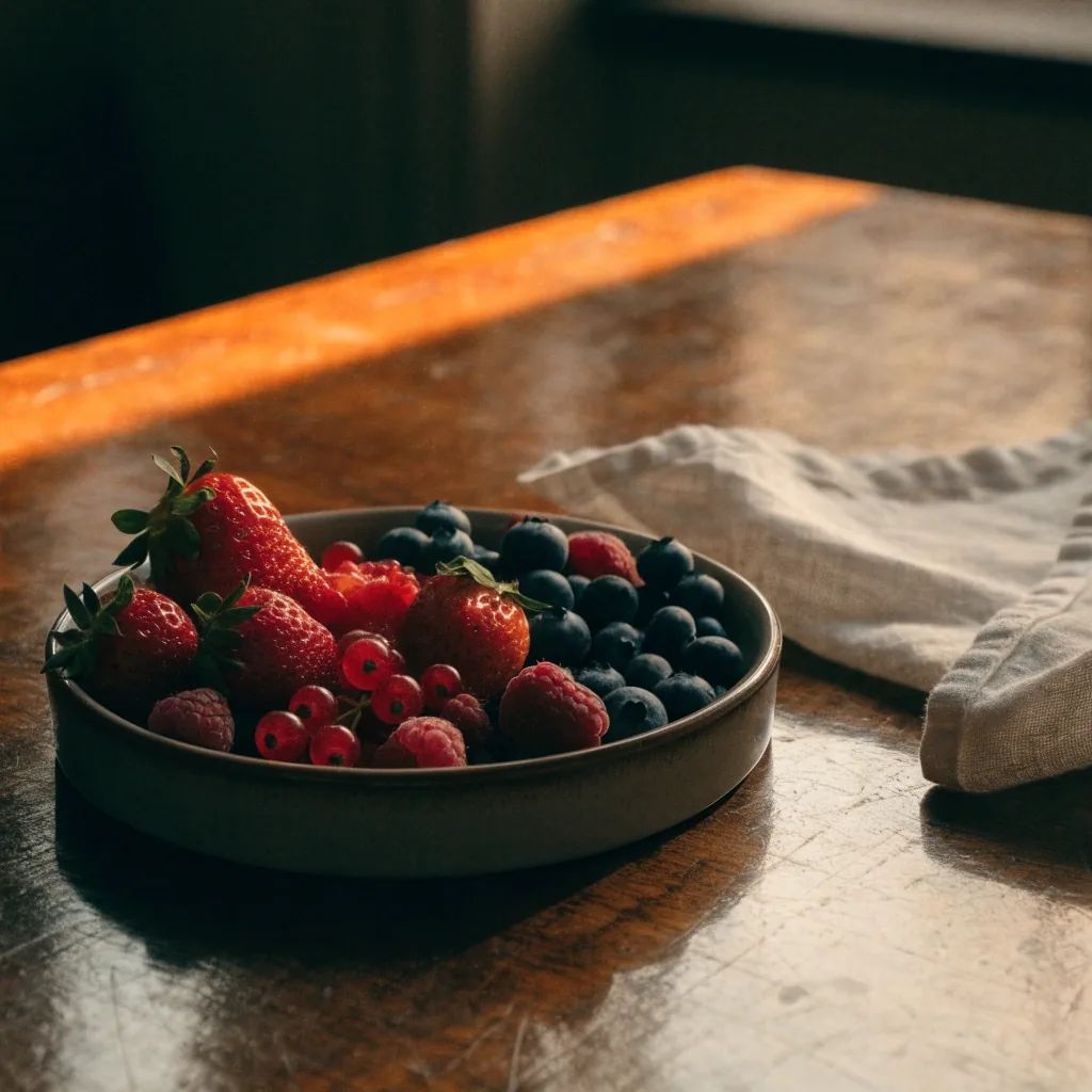 A shallow dish of fresh summer berries on a wooden table beside a linen napkin in warm evening light