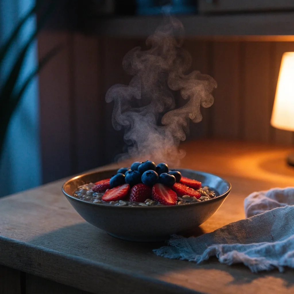 A bowl of rye porridge topped with fresh berries on a kitchen counter, steam lit by a single warm evening lamp